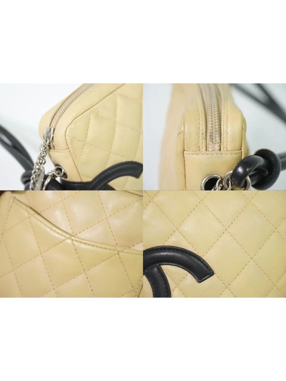 Chanel CC Logo Cambon Line Shoulder Bag Pochette Lambskin Leather Beige Black
